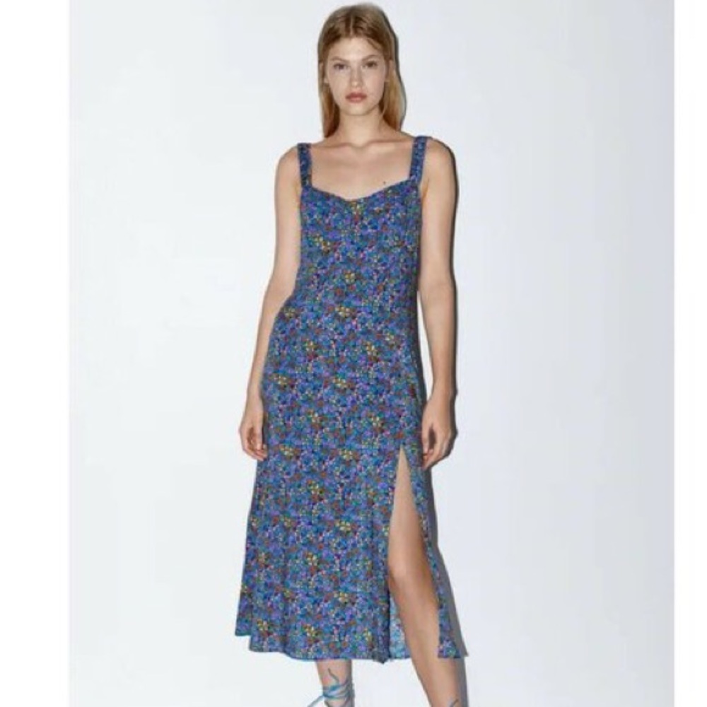 Zara Blue Floral Midi Dress w Slit